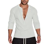 Agilelin Men's Waffle Henley 5 Buttons Stylish Long Sleeve T-Shirt Casual Slim Fit Muscle Shirts Thermal Underwear（White/L）