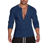 Agilelin Men's Waffle Henley 5 Buttons Stylish Long Sleeve T-Shirt Casual Slim Fit Muscle Shirts Thermal Underwear（Blue/L）