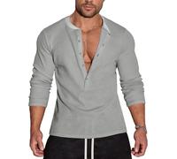 Agilelin Men's Waffle Henley 5 Buttons Stylish Long Sleeve T-Shirt Casual Slim Fit Muscle Shirts Thermal Underwear（Grey/L）