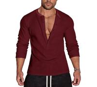Agilelin Men's Waffle Henley 5 Buttons Stylish Long Sleeve T-Shirt Casual Slim Fit Muscle Shirts Thermal Underwear（Red/L）