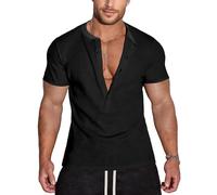 Agilelin Men's Waffle Henley 5 Buttons Stylish Short Sleeve T-Shirt Casual Slim Fit Muscle Shirts Thermal Underwear（Black/S）