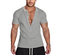 Agilelin Men's Waffle Henley 5 Buttons Stylish Short Sleeve T-Shirt Casual Slim Fit Muscle Shirts Thermal Underwear（Grey/L）