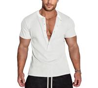 Agilelin Men's Waffle Henley 5 Buttons Stylish Short Sleeve T-Shirt Casual Slim Fit Muscle Shirts Thermal Underwear（White/L）