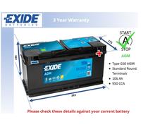 AGM Battery fits MAXUS DELIVER 9 2.0D 2020 on Stop Start Exide 020 AGM 950A New