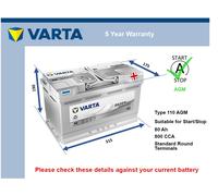 AGM Battery fits VAUXHALL ASTRA J, K 2009 on Stop Start Varta 110 AGM 800A 80Ah
