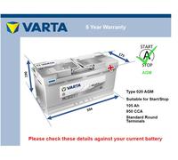 AGM Car Battery A4 Varta 020 AGM 950A 105Ah 5Yr Warranty 394x175x190 Start Stop