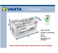 AGM Car Battery A5 Varta 019 AGM 850A 95Ah 5Yr Warranty 353x175x190 Start Stop