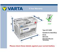 AGM Car Battery A8 Varta 027 AGM 680A 60Ah 5Yr Warranty 242x175x190 Start Stop