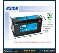 AGM Car Battery EK1060 Exide 020 AGM 950A 106Ah 3Yr WTY 392x175x190 Start Stop