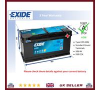 AGM Car Battery EK1060 Exide 020 AGM 950A 106Ah 3Yr WTY 392x175x190 Start Stop