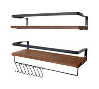 AGM Floating Shelves Wall Mounted Shelf, Wooden Wall Shelves Racking Set of 2 for Bedroom, Bathroom, Living Room, Kitchen Storage w/ 1 Towel Bar and 8 S-Hooks, Max Load 33lbs