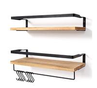 AGM Floating Shelves Wall Mounted Shelf, Wooden Wall Shelves Racking Set of 2 for Bedroom, Bathroom, Living Room, Kitchen Storage w/ 1 Towel Bar and 8 S Hooks, Max Load 33lbs
