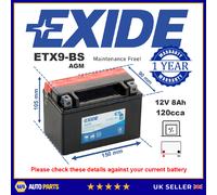 Exide Motorcycle Battery ETX9-BS AGM 12V 8Ah 120A
