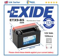 Exide Motorcycle Battery ETX9-BS AGM 12V 8Ah 120A
