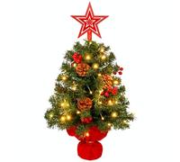 AGM Small Christmas Tree with lights 2ft, 60cm Tabletop Mini Christmas Tree with Tree Topper Star Red Berries and Pine Cones, for Christmas Home Kitchen Dining Table Decor