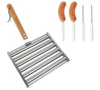 Agmoctz Hot Dog Roller for Girll Sausage Roller Stainless Steel Rack with Wood Handle & 4 BBQ Skewers Evenly Cooked Hot Dog