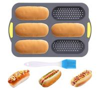 Agmoctz Silicone Pan, Hot Dog Bun Pan with Oil Brush,6 Gutter Nonstick French Bread Bake Mold, French Bread Loaf Pan for Hot Dog