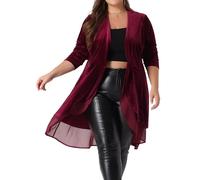 Agnes Orinda Plus Size Cardigan for Women Ruffled Asymmetric Open Front Long Velvet Jackets, Burgundy, 3X