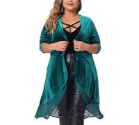 Agnes Orinda Plus Size Cardigan for Women Ruffled Asymmetric Open Front Long Velvet Jackets, Green, 4X