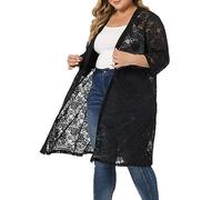 Agnes Orinda Plus Size Cardigans for Women Lace Cardigan Lightweight Crochet 3/4 Sleeve Cover Up Jacket Dark Black 3XL