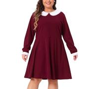 Agnes Orinda Plus Size Dresses for Women Long Sleeve Doll Collars Peter Pan Collar A-line Flare Midi Dress, Burgundy, 4X