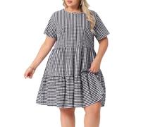 Agnes Orinda Plus Size Gingham Dresses 1950s Vintage Plaid Round Neck Short Sleeve Tiered Midi Summer Dress Black 4XL