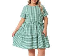 Agnes Orinda Plus Size Gingham Dresses 1950s Vintage Plaid Round Neck Short Sleeve Tiered Midi Summer Dress Green XL