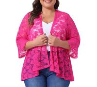 Agnes Orinda Plus Size Lace Cardigans for Women Open Front 3/4 Bell Sleeve Sheer Lace Crochet Formal Bolero Shrugs Hot Pink XXL