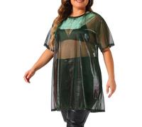 Agnes Orinda Plus Size Party Tops for Women Sheer Mesh Holographic Short Sleeve Crew Neck Long Blouse Purple Green XXL