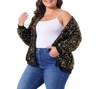 Agnes Orinda Plus Size Sequin Jacket for Women Sparkle Long Sleeve Front Zip Bomber Jacket with Pockets Gold 4XL