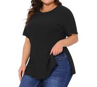 Agnes Orinda Plus Size Summer Women Casual Short Sleeve Crew Neck Tops T-Shirts Tees with Side Split Black 3XL
