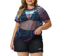 Agnes Orinda Plus Size T-Shirt for Women Sheer Mesh Holographic Round Neck Drop Shoulder Short Sleeve Tops Blouse Black Purple 4XL