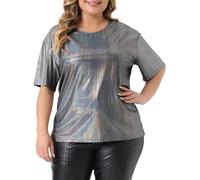 Agnes Orinda Plus Size Top Blouse for Women Metallic Round Neck Short Sleeve T-Shirt Party Blouses Tee Tops Grey 3XL