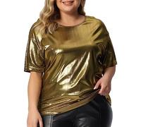 Agnes Orinda Plus Size Top Blouse for Women Metallic Round Neck Short Sleeve T-Shirt Party Blouses Tee Tops Gold 4XL