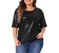 Agnes Orinda Plus Size Top Blouse for Women Metallic Round Neck Short Sleeve T-Shirt Party Blouses Tee Tops Black 4XL