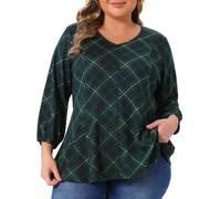 Agnes Orinda Plus Size Top for Women 3/4 Sleeve V Neck Decorative Buttons Casual Plaid Tunic Pullover Tee Shirts Green 4XL