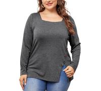 Agnes Orinda Plus Size Top for Women Side Button Square Neck Long Sleeve Casual Tunic Blouse Grey 3XL