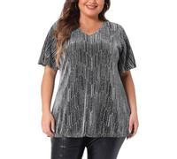 Agnes Orinda Plus Size Tops for Women V Neck Metallic Short Sleeve T-Shirt Party Blouses Tee Tops, Silver, 3X
