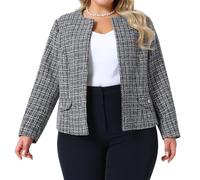 Agnes Orinda Plus Size Tweed Blazer for Women Collarless Long Sleeve Open Front Work Business Jacket Suits Casual