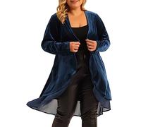 Agnes Orinda Plus Size Women's Cardigans Ruffled Asymmetric Open Front Long Velvet Jackets, Dark Blue, 4X