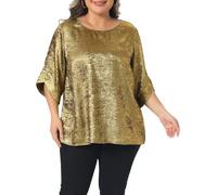 Agnes Orinda Women Plus Size Metallic Crew Neck 3/4 Sleeve Patry Tops Gold