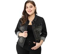Agnes Orinda Women's Plus Size Classic Washed Front Frayed Denim Jacket Black 3XL