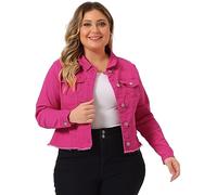 Agnes Orinda Women's Plus Size Classic Washed Front Frayed Denim Jacket Hot Pink XL