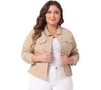 Agnes Orinda Women's Plus Size Classic Washed Front Frayed Denim Jacket Khaki 4XL