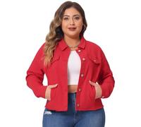 Agnes Orinda Women's Plus Size Classic Washed Front Frayed Denim Jacket Red 4XL