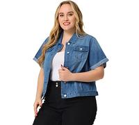 Agnes Orinda Women's Plus Size Denim Jacket Button Front Work Crop Jean Short Sleeve Jackets Sky Blue XL
