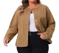 Agnes Orinda Women's Plus Size Denim Jacket Collarless Button Down Cargo Jean Jackets Shacket Brown 3X