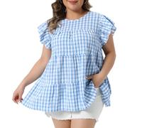 Agnes Orinda Women's Plus Size Gingham Top 1950s Crew Neck Flare Short Sleeves Blouse Babydoll Summer Tops Blue 2X