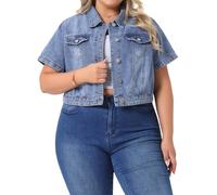 Agnes Orinda Women's Plus Size Jackets Denim Cropped Wash Short Sleeves Jackets Gray Blue 4XL