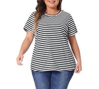 Agnes Orinda Women's Plus Size Stripe T Shirt Short Sleeve Crew Neck Rainbow Striped Top Black White 4XL